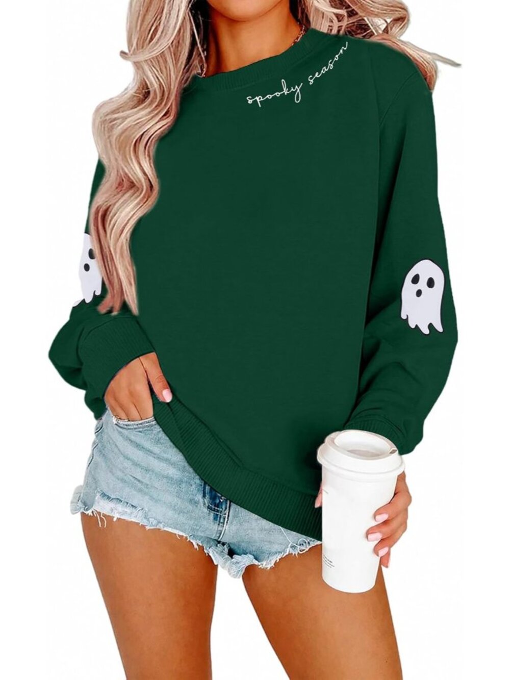 🆕 Women's Green Spooky Season Ghost Sleeve Crewneck Halloween Sweatshirt Top